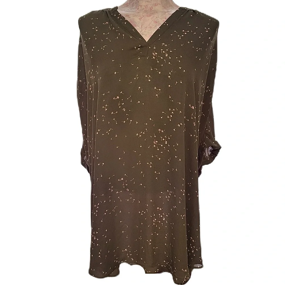 A.N.A A New Approach Women’s V-Neck Olive Green Dandelion Blouse Size‎ XL - Picture 2 of 15